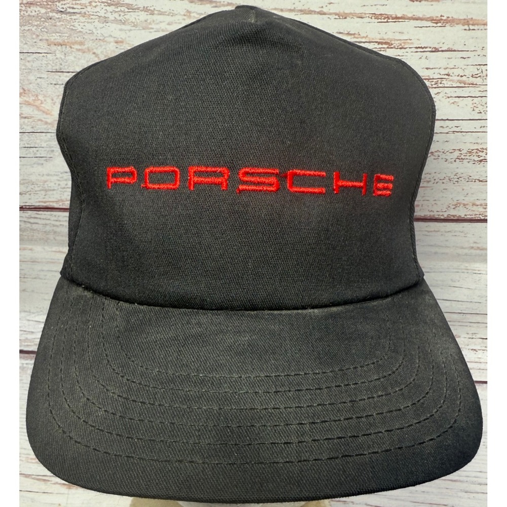 Vintage Porsche Hat Black Embroidered Spellout Leather Strapback